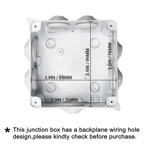 Inside view of Heavy Duty IP65 Weatherproof Junction Box ABS Plastic Electrical Enclosure 3.9 By 3.9 By 2.8 Inches with measurement details