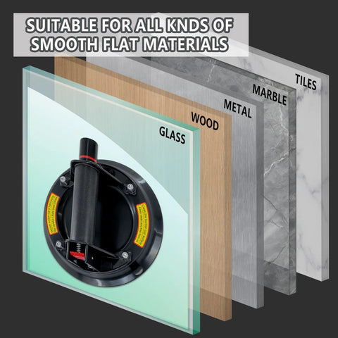 Two Pack 8 Inch Glass Suction Cups Heavy Duty Lifting Up To 880 Lbs shown on various flat materials like glass, wood, and metal.