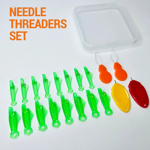 30 Piece Needle Threader Set With Fish Mouth Guides For Side Threading Sewing Machines And Handy Hand Threaders in green and orange