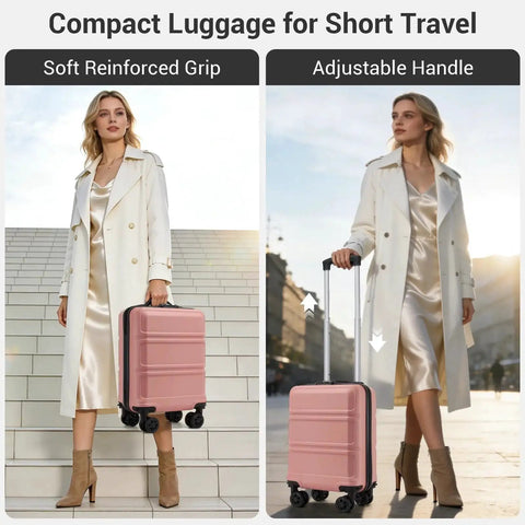 Woman with underseat carry on luggage that fits in most airline seats and overhead bins, 15 inch anti scratch PC ABS hardshell, rose pink.