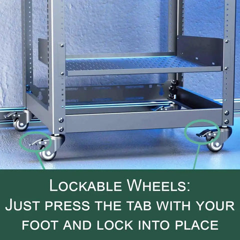 Close-up of stem caster wheels for AV racks with 2-inch lockable wheels, M8 stem, and foot-activated lock installed on a metal rack.