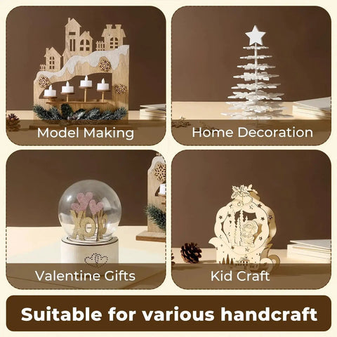 Collage of laser-cut DIY models, including a village scene, tree, snow globe, and kid craft, showcasing varied handcrafted uses.