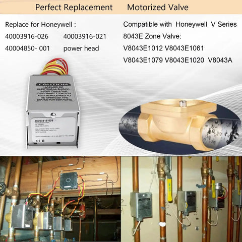 Zone Valve Replacement Head For Honeywell Compatible 40003916026 40003916021 40004850001 24V AC shown with installation guide.