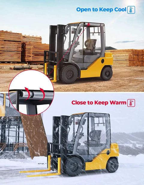 Clear Forklift Cab Cover With Rear Window Waterproof UV Shield Fits 6000 Lb shown installed on yellow forklift in various weather conditions.
