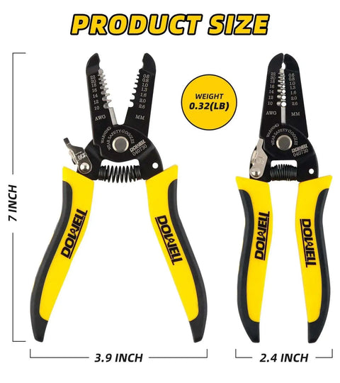 Front view of 10-22 AWG Wire Stripper Cutter and Multi-Function Hand Tool with professional handle, showing product dimensions and weight.
