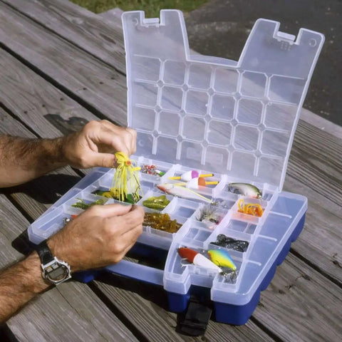 Open Multi Compartment Hardware And Crafts Portable Organizer Storage Case with sturdy handle showing sorted fishing lures.