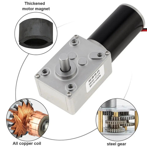 Beefy 12V DC Worm Gear Motor With Bracket For Precision Slow Speed Control Self Locking 40 RPM 7W Permanent Magnet Reduction Mini Electric Gearbox With D Shaped Shaft Stainless Steel Output Shaft Installation Bracket ZVKV, showing motor structure details