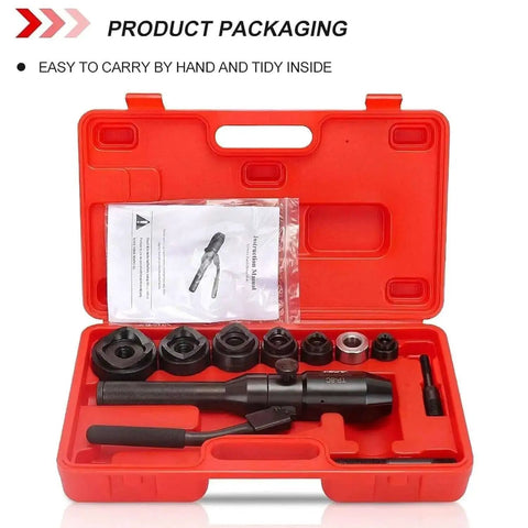 Open red case showing Portable Manual Hydraulic Hole Punch Kit With Six Dies 360 Degree Rotating Conduit Cutter Set for electrical use
