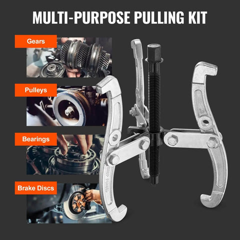 4 Piece Gear Puller Kit With 3 4 6 8 Inch Spreads, 2 Or 3 Reversible Jaws shown with gears, pulleys, bearings, and brake discs