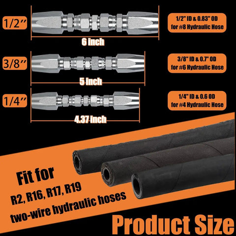 Chart showing dimensions of Three Pack Reusable Hydraulic Hose Field Repair Kit for R2 R16 R17 R19 hoses with product size description.