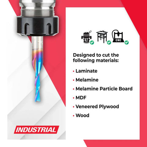 Spektra Extreme Tool Life Coated Spiral Down Cut Router Bits One Eighth Inch Diameter One Half Inch Cutting Height One Quarter Inch Shank Two Inch Long Two Pack For Laminate And Melamine Built Tough For Pro Jobs Made In USA packaging showing materials cut