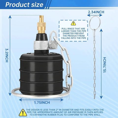 2 Inch Rubber Test Ball Pipe Plug For Sewer Drain Leak Detection With Chain And Large Pull Ring, dimensions shown