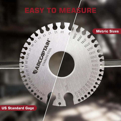 Close-up of Dual Sided Stainless Steel Metal Gauge Thickness Tool 0-36 Range Pro Grade Thickness Gauge for Metal Sheets and Welding Materials Round Handy Measuring Tool ARCCAPTAIN showing metric and US sizes.