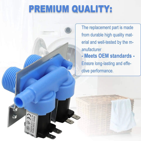 Blue plastic water inlet valve for washing machines with metal mounting bracket and electrical terminals (front view).