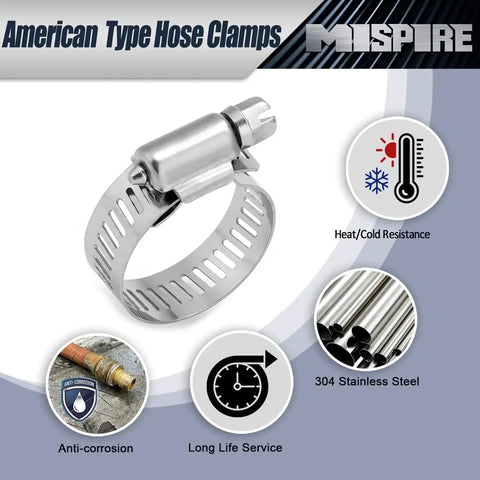 Stainless Steel Hose Clamps Set 6-12mm display with durability features highlighted, showing heat resistance and 304 stainless steel material.
