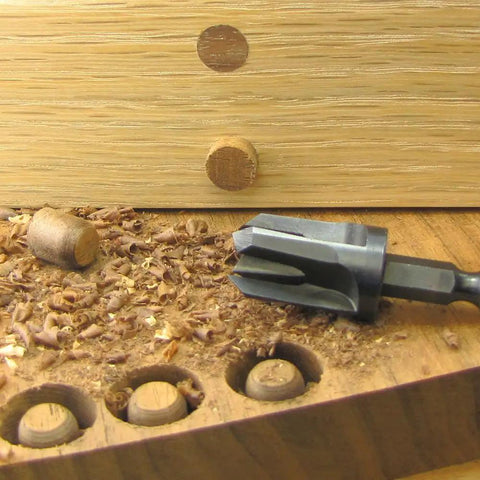 Close-up of Three Piece Tapered Plug Cutter Set For Woodworking, Includes 1/4, 3/8, And 1/2 Inch Cutters, Hardened Steel For Long Life