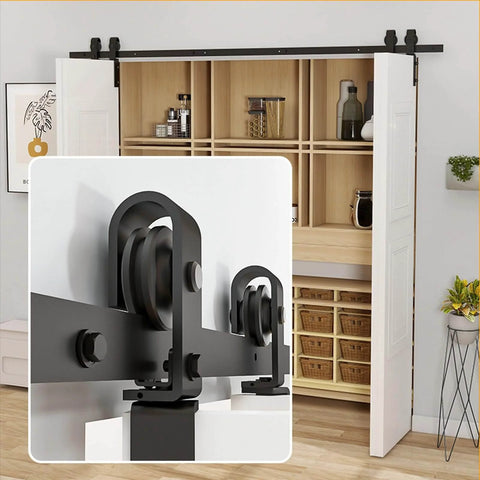 Folding Single Track Barn Door Hardware Kit for Double Doors, black heavy-duty rails, low ceiling bypass sliding system