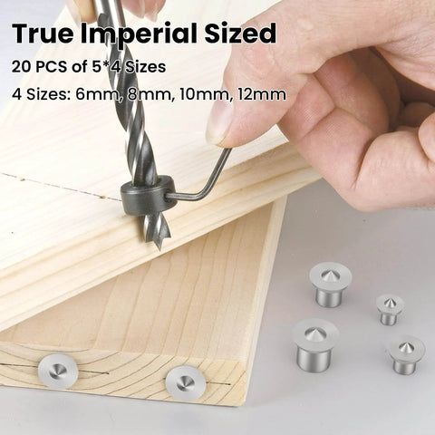 20 Piece Dowel And Tenon Center Transfer Plugs Set For Woodworking, Pro Grade Solid Dowel Center Pins being used for hole drilling