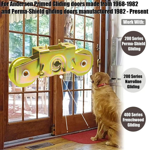 Patio Sliding Door Rollers Replacement Assembly For Gliding Patio Doors One And A Quarter Inch Tandem Steel Ball Bearing Wheels Part 1997061 2 Pack Fits 200 Series Narroline Perma Shield And 400 Series Frenchwood installed on door with dog looking