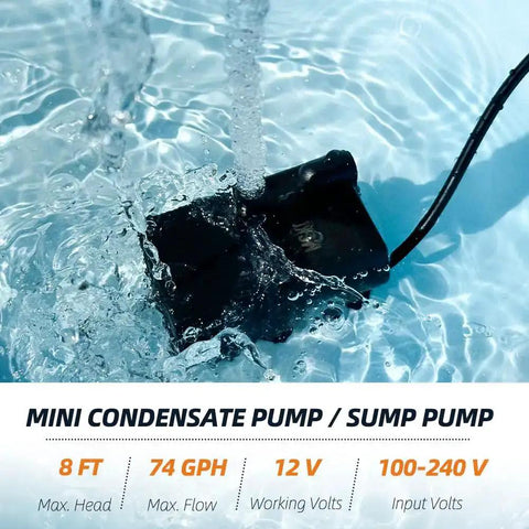 Automatic Sump Pump With Water Sensor submerged in water showing 8 ft lift, 74 GPH capacity with electrical cord visible.