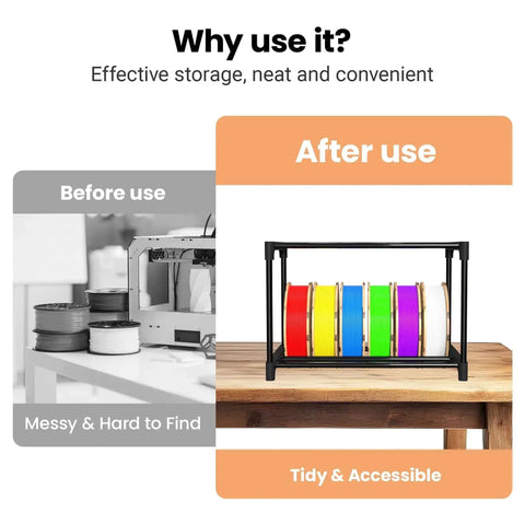 Comparison of messy vs. organized filament spools using High Capacity 54 Spools Of 1kg 3D Printer Filament Storage Rack With Heavy Duty Metal Spool Holder Tool Free Assembly Modular Design For Home Office Workshop