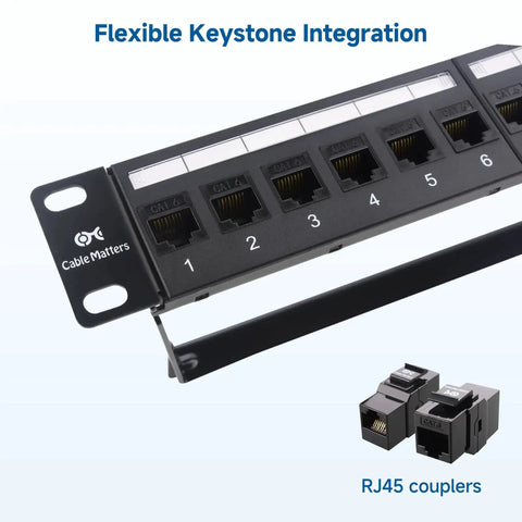 Close-up of Beefy 1U 24 Port Cat6 Ethernet Patch Panel With Inline Keystone And Cable Management Bar, showing RJ45 ports.