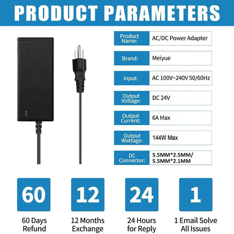 24V DC Power Supply 6A Beefy Adapter For LED Strips And Printers, 100-240V AC To 24V DC Converter, 144W, 5.5mm X 2.5mm Output Jack