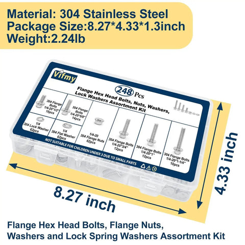 Beefed-Up Heavy Duty 1/4-20 Stainless Steel Flange Bolts Kit With 248 Piece Set packaging showing dimensions and contents