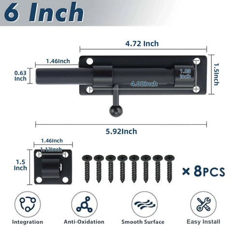 6 Inch Heavy Duty Slide Bolt Latch Built To Last In SUS304 Stainless Steel Barrel Bolt Lock Matte Black MS8000B with screws