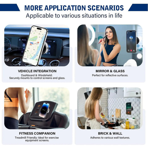 360° rotatable black car magnetic phone holder; shown on vehicle dash, mirror/glass, treadmill, brick/wall surfaces.