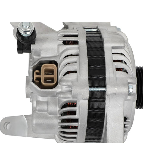 Side view of Alternator Replacement For Mazda 3 2.0L 2004-2009 And Mazda 3 2.3L 2004-2009 Plus Mazda 5 2.3L 2006-2007 With 6 Groove Pulley 90A 12V Clockwise Rotation ER Regulator Durable Bearings showing connections and casings.