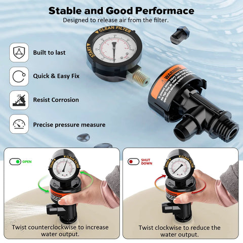 Manual pool filter air relief valve with pressure gauge; black plastic body, gauge plug, O-rings and clips