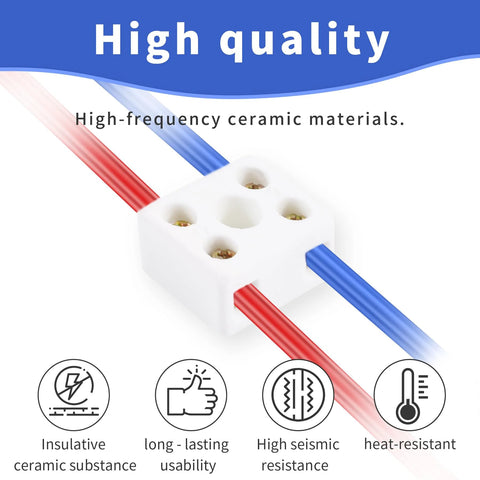 Ceramic 2-way, 5-hole terminal block with 3mm holes; porcelain connector, white block with red and blue wires