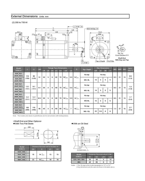 CHUNYE SGMJV 400W servo motor dimensional drawing; front and side views with external mm dimensions and mounting details.