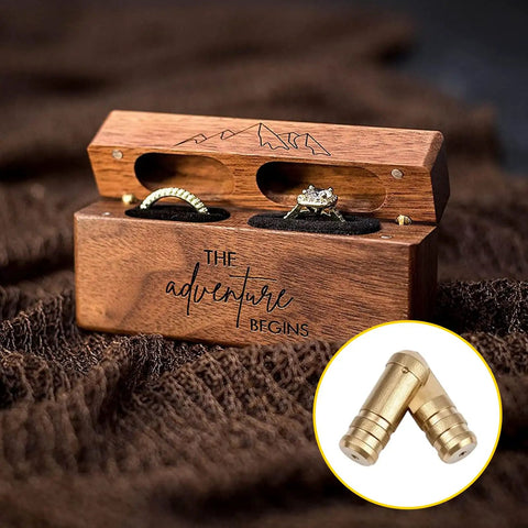 Brass Hidden Cylinder Hinges 25 Pack used in wooden jewelry box lid with rustic design, shown alongside the closed brass hinges.