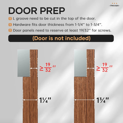 36 Inch Concealed Sliding Barn Door Hardware Kit With Soft Close Aluminum Track Invisible Floor Guide Wall Mount System For Opening Width 28 Inch And Up Door Not Included Easy Install Premium Quiet Glide installation instructions with door preparation measurements for groove size and screw reserve.
