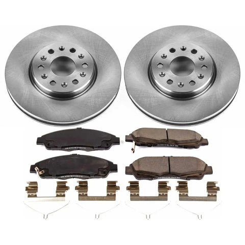 Front view of PowerStop front brake kit with two rotors, ceramic pads and mounting hardware