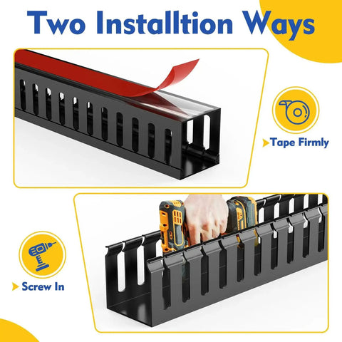 Under Desk Cable Management Raceways Kit, Two-Piece Open Slot Duct, 30.8 Inch, installation with tape and screws, black