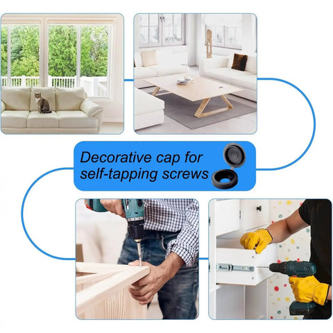 Multi-Function Hinged Screw Cover Caps Set for self-tapping screws, shown in various home and DIY settings, Decorative Black Caps, 100 Piece Pack.