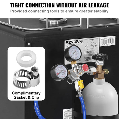 VEVOR double-gauge CO2 regulator with 0-60 PSI (CGA320), attached to gas cylinder for draft beer homebrew, blue hose.