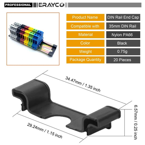 DIN Rail End Cap Protectors Set, 20 Pieces For 35mm Wide NS Rails shown with dimensions and product details.