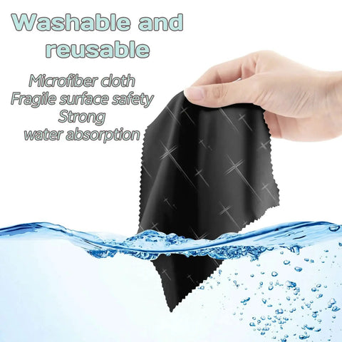 Hand holding Six Pack Microfiber Cleaning Cloths 6.3x6.3 Reusable For Glasses Phones Cameras above water, showcasing washability.