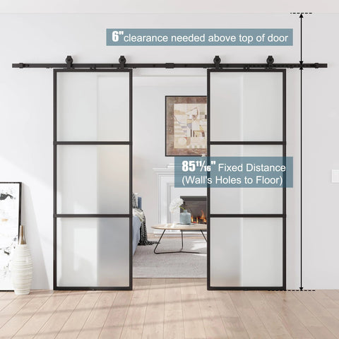 Sturdy Metal And Glass Sliding Double Barn Door With Hardware Kit 48 By 84 Inches Soft Close Included, installed view
