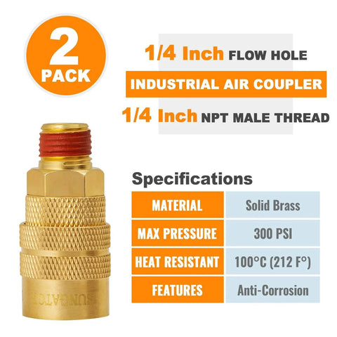 Quarter Inch NPT Male Air Hose Quick Connect Fittings, 2 Pack Brass Industrial Couplers with specifications shown