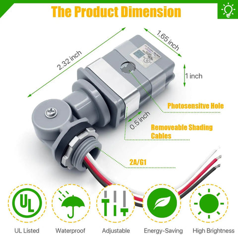 Two Pack Waterproof Photocell Sensors For Outdoor Lights, 120V AC 50 60Hz, 16 Gauge Wire With Swivel Mount, product dimensions shown