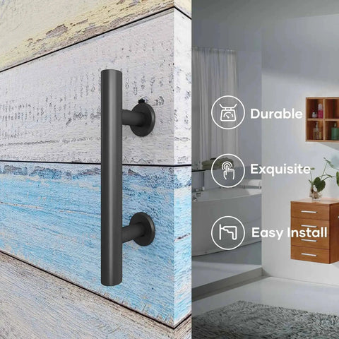 2 Pack 10 Inch Sliding Barn Door Handles And Pulls installed on rustic wood surface, matte black finish, showing easy installation guide.
