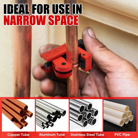 Close-up use of Pro Grade Heavy Duty 4-Piece Tubing Cutter Set For Copper Aluminum Stainless Steel And PVC in tight space with mini cutter.