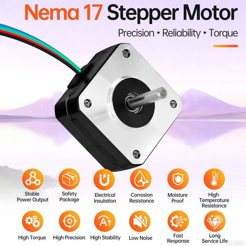 Nema 17 Stepper Motor 2 Phase 1.8 Degree High Torque Bipolar 0.13Nm, front view, with key features icons.