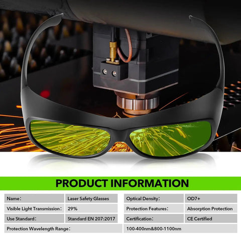 OD7 Plus Laser Safety Glasses For 800nm To 1100nm Range Pro Grade Eye Protection Goggles For Laser Welding, Cutting, Cleaning, And Marking With CE FDA Certification Durable Polycarbonate Frame By TRQWH shown with laser equipment