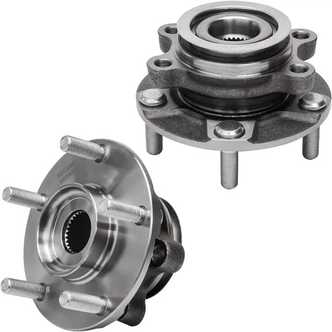 FWD 4Pc Front And Rear Wheel Bearing Hubs Assembly Kit For Nissan Rogue 2008 Through 2013 And Nissan Rogue Select 2014 Through 2015 Front And Rear Replacement showing metal hub assemblies with 5-lug, 4-bolt square flange.